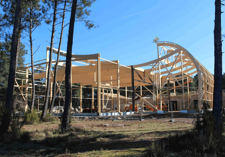 fabrication d'une charpente en bois lamellé collé pour un complexe sportif